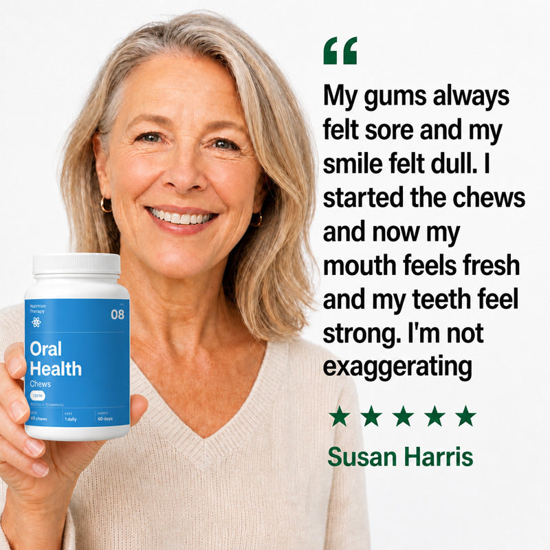 A smiling woman holding an Oral Health Chews jar with her five-star review
