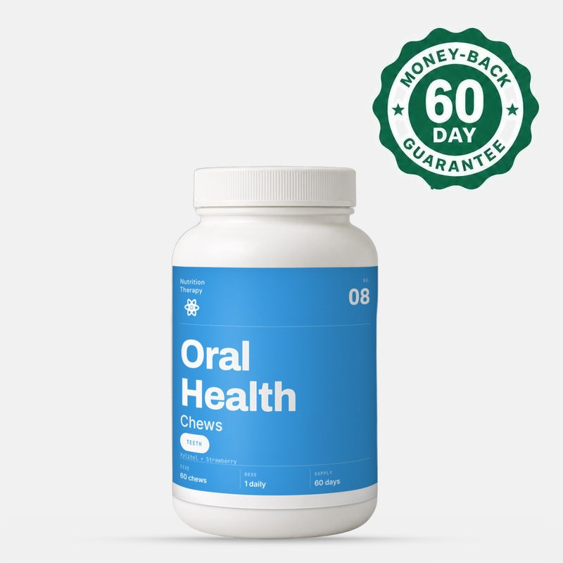 Single Oral Health Chews jar with the 60-day money-back guarantee badge