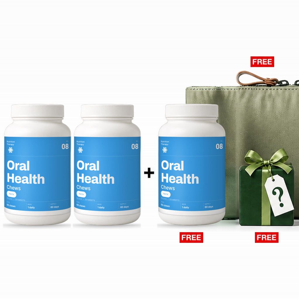 Two Oral Health Chews jars plus one free jar, with a free mystery gift and travel pouch