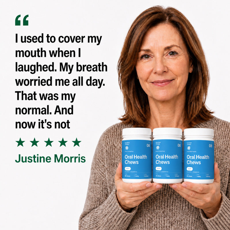 A woman holding three Oral Health Chews jars with her five-star review