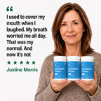 A woman holding three Oral Health Chews jars with her five-star review
