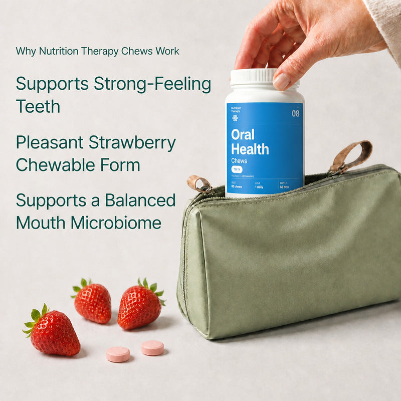 A hand placing the Oral Health Chews jar into a travel pouch, with the benefits of the chews