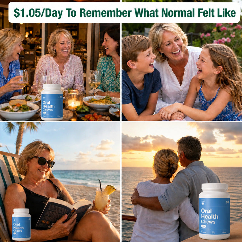 Smiling people enjoying life, with the Oral Health Chews jar