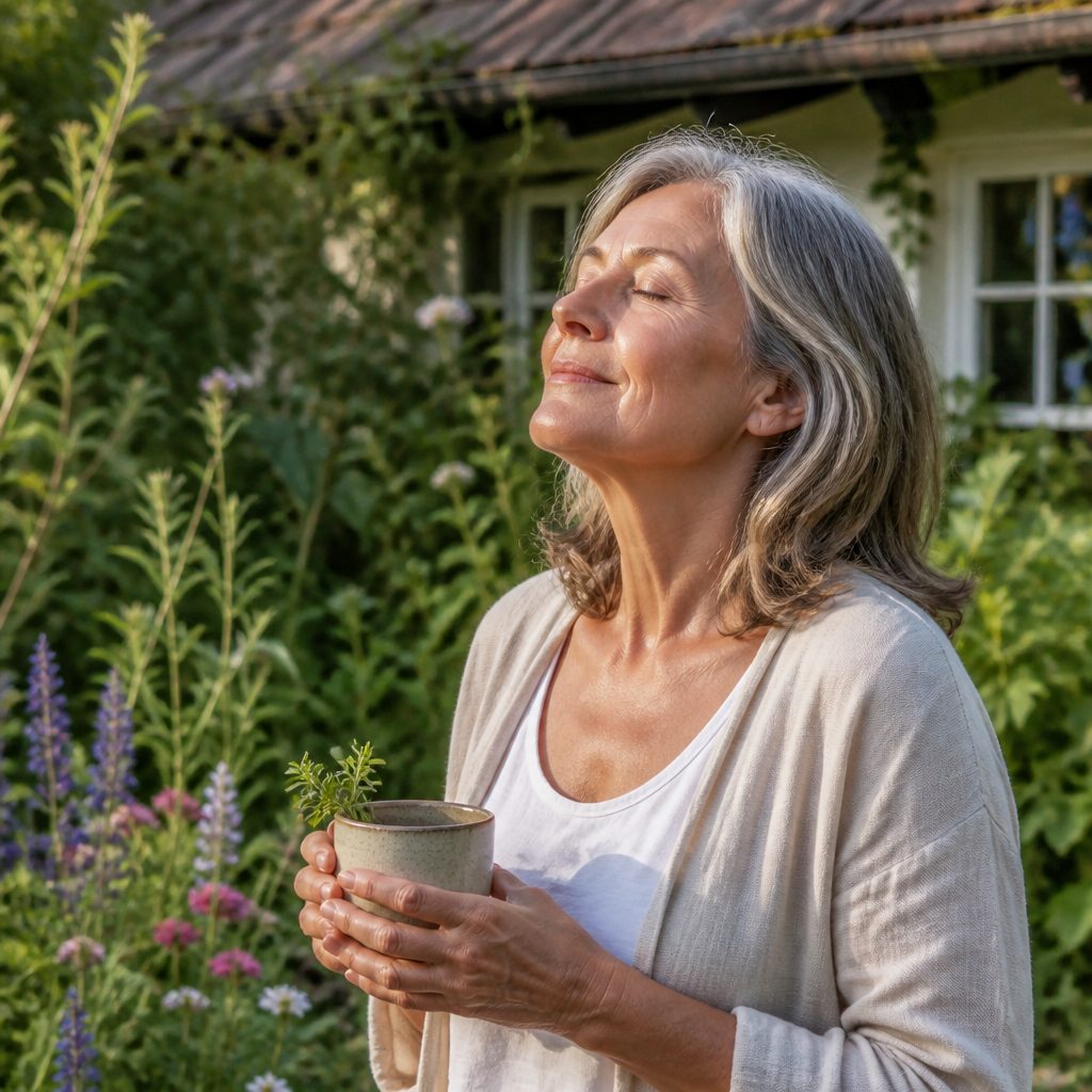 Woman taking a calm breath of fresh air with a cup of herbal tea