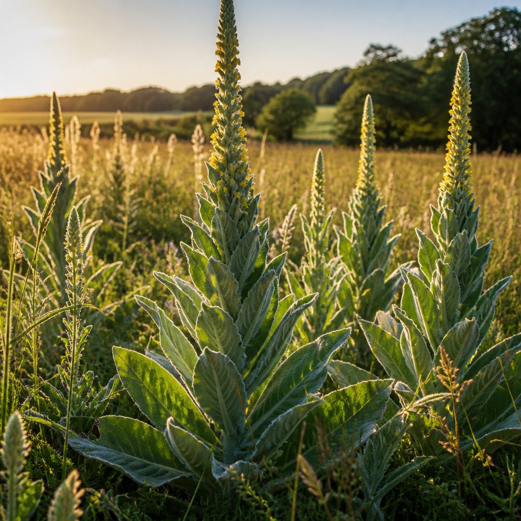 Tall mullein plants growing in a sunlit meadow
