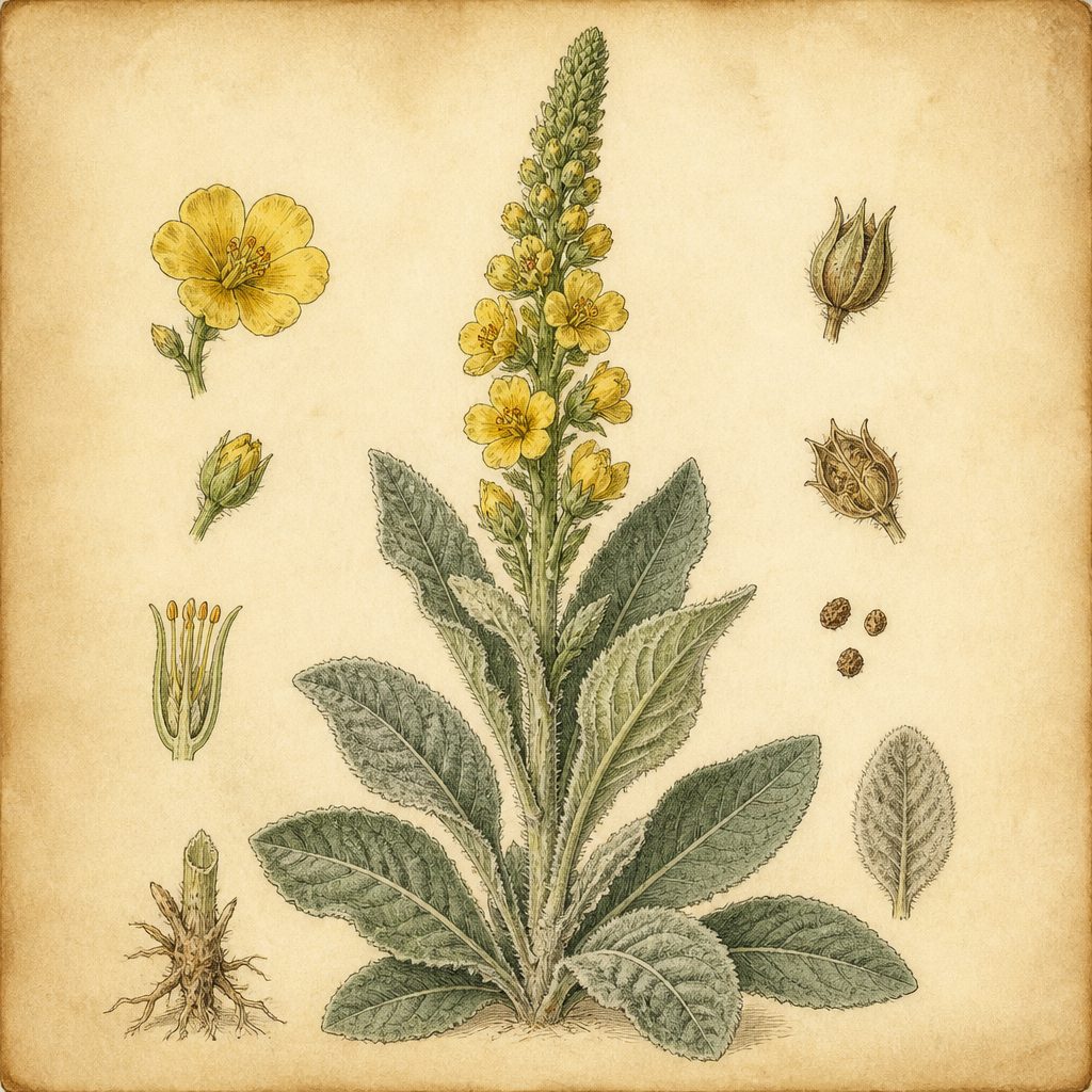 Heritage botanical illustration of the mullein plant