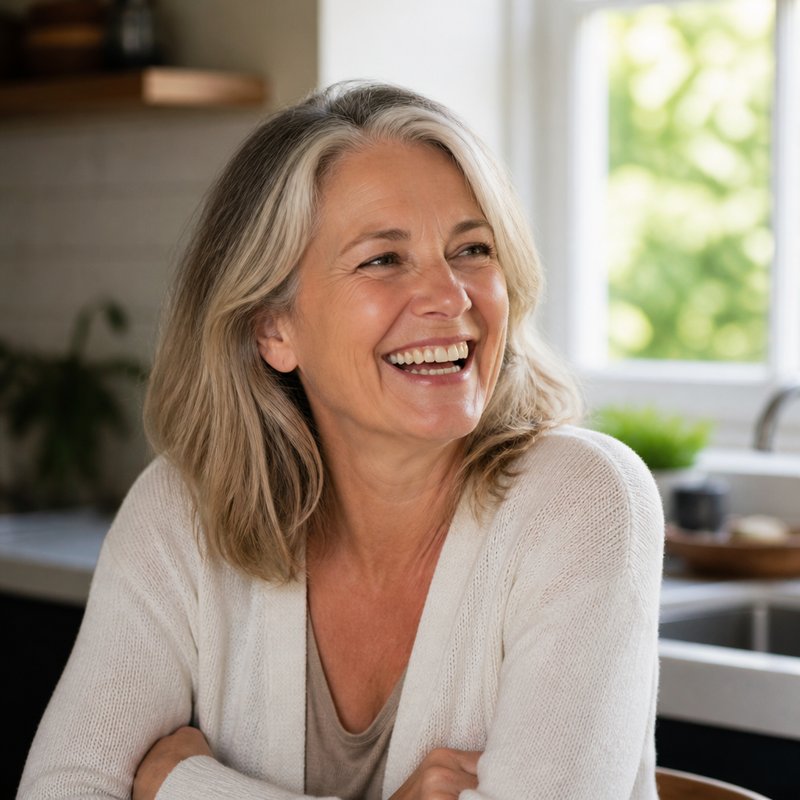 Woman smiling comfortably and at ease, representing everyday oral comfort