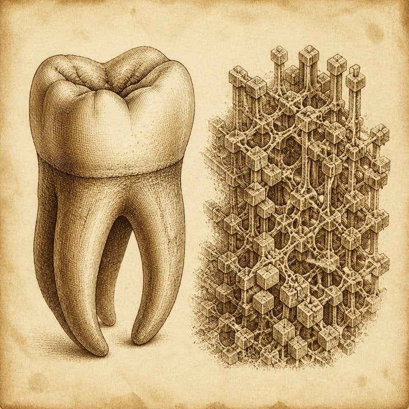 Vintage illustration of a tooth beside a lattice of mineral crystals