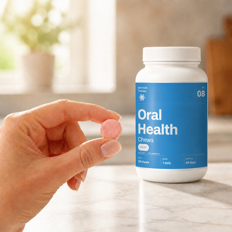 Strawberry chewable tablet with the Oral Health Chews jar